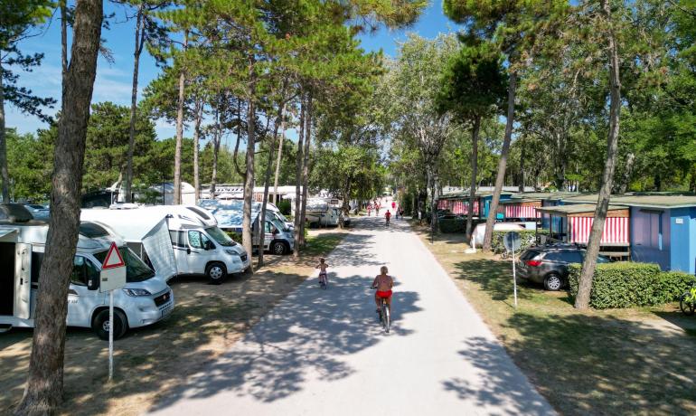 Camping mit Wohnmobilen und Bungalows zwischen Bäumen, Radfahrer.